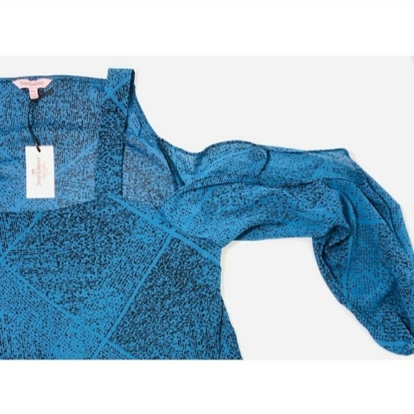 🔴 JUICY COUTURE Georgette Blouse Top Cold Shoulder Black Teal Blue - Picture 6 of 9